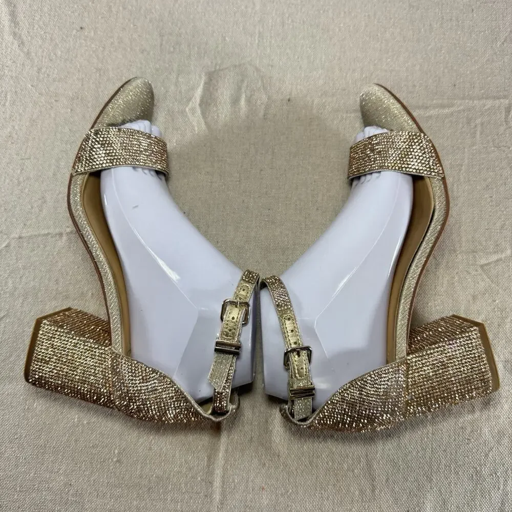 Gianni Bini Womens 8M Gold Rhinestone Block Heel Sandals Ankle Strap Sparkle